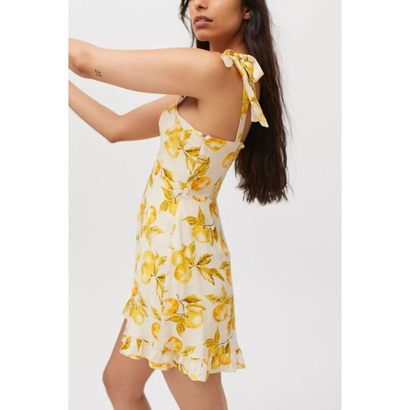 Urban Outfitters Lemon Yellow Linen Summer Ruffle Medium Tie Shoulder Mini Dress - Picture 2 of 15